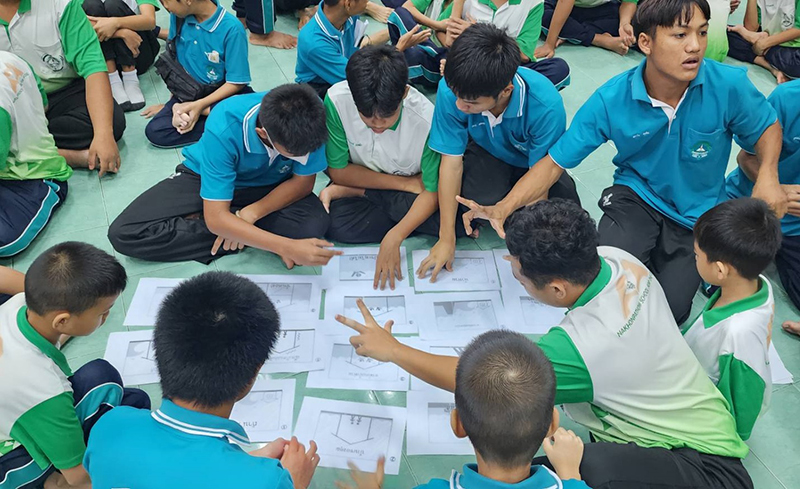 The students engaging in a DRR card game, learning key DRR concepts.
