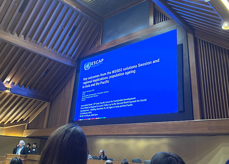 Sabine Henning, Chief, Sustainable Demographic Transition Session, Social Development Division, ESCAP presented the Key outcomes from the WSSD2 solution Session and regional implications: population ageing in Asia and the pacific.