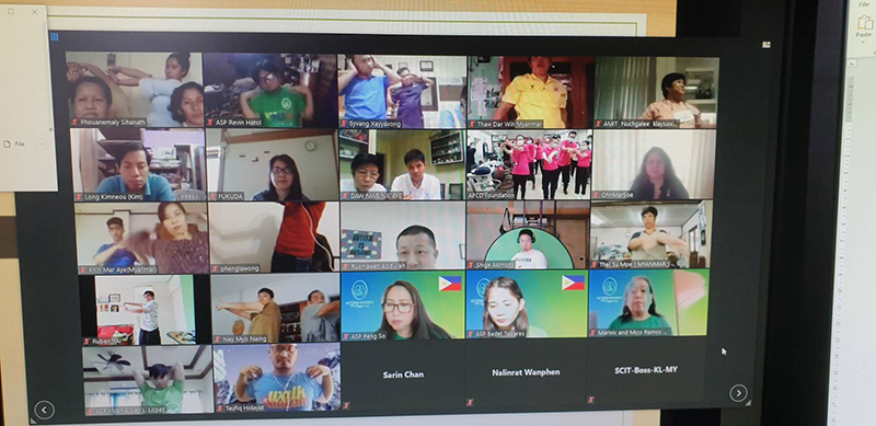 2. Various Zoom stations from ASEAN countries and Japan doing a stretching pose.